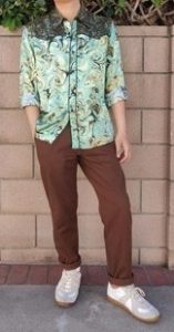 Brown Pants with a Patterned Shirt